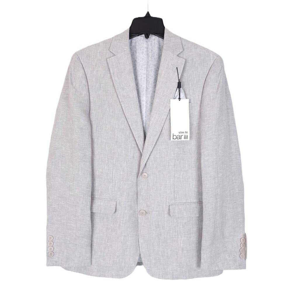 Bar III Mens Slim Fit Linen Sport Coat Blazer 44L Light Grey Solid NWT